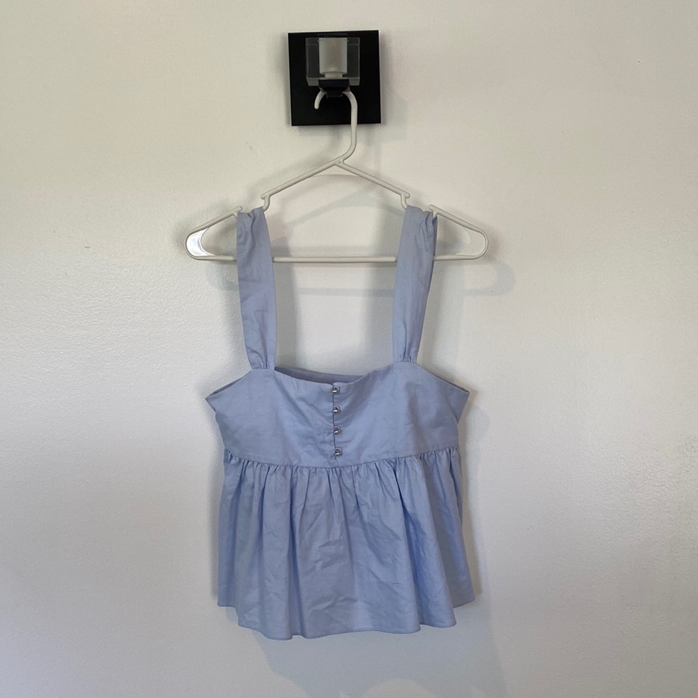 Zara Trafaluc Chambray Baby Doll Peplum Top Pearl Buttons